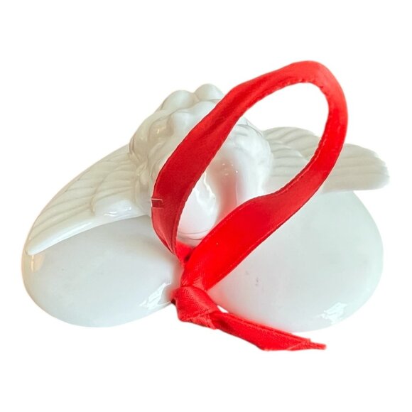 Vtg Fine Bone China Cherub Angel on Heart Ornament with Red Satin Ribbon 3"X3" - Picture 4 of 7